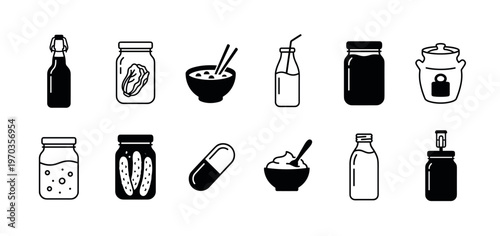 Collection of black and white probiotic icons representing fermented foods like kimchi, kombucha, yogurt, and kefir for promoting gut health and healthy bacteria in a minimal style