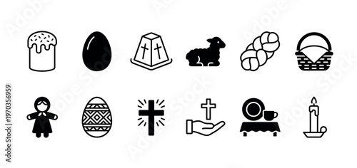 Set of black Easter holiday icons featuring traditional Christian symbols like kulich cake, decorated egg, lamb, cross, and basket in a minimalist glyph and silhouette style