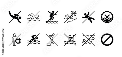 Set of black vector icons for water safety rules, featuring pictograms that prohibit swimming, diving, and other dangerous activities in a minimalist, crossed-out design