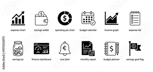 Minimalist black financial icon set illustrating concepts of personal budgeting, expense tracking, savings goals, and income management with charts, graphs, and a planner