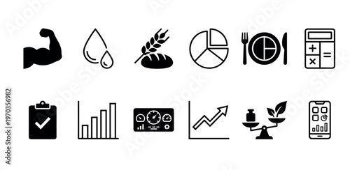 Set of black health and fitness icons for diet planning, nutrition tracking, workout progress, and calorie counting, presented in a clean, minimalist vector graphic style