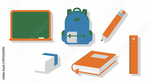 School supplies icons collection blackboard backpack pencil and more