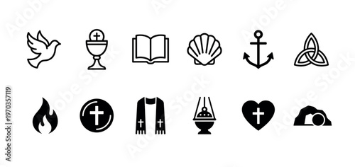 Set of twelve black Christian faith symbols including a dove, chalice, bible, anchor, cross, and empty tomb in a minimalist graphic vector style for religious and spiritual concepts