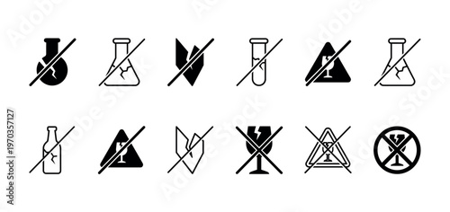Set of black minimalist fragile warning icons featuring cracked and crossed-out glassware, including beakers, bottles, and wine glasses, for safety and handling instructions