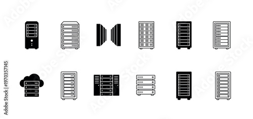 Collection of black server icons in various glyph and line art styles representing data centers, cloud computing, network hosting, and database hardware technology