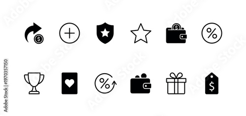 Set of black loyalty program icons for e-commerce, including cashback, reward, discount, and bonus symbols for user interface design