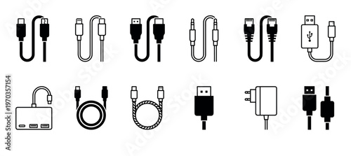 Set of black computer cable icons showing various connectors like USB, HDMI, audio jack, and ethernet plugs in a minimalist glyph style illustration