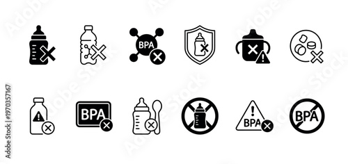 BPA free icon set with various symbols for non-toxic plastic products, including baby bottles, sippy cups, and warning signs for safe, chemical-free materials and packaging