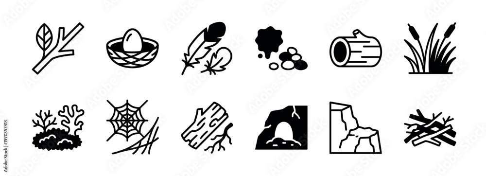 Obraz premium Set of twelve black nature glyph icons showing forest elements like a branch, nest with egg, feather, log, cave, and spiderweb in a simple minimalist style