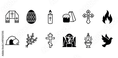 Set of black Orthodox Easter icons featuring a cross, decorated egg, paschal candle, kulich bread, and empty tomb symbols for the religious Christian holiday