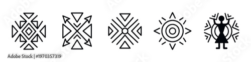 Set of five black linear icons featuring geometric tribal patterns, a stylized sun, and a shaman figure, representing ancient cultural symbols and mythological elements in a minimalist style