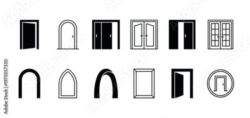 Collection of black door and archway icons featuring various styles like silhouette and line art, with open, closed, single, double, and sliding designs for graphic elements