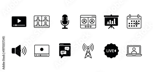 Set of black minimalist icons for online communication, representing video conferencing, live streaming, webinars, digital presentations, and virtual meetings in a clean glyph style