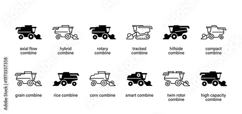 Combine harvester icon set showing different types of agricultural machinery for farming, including axial flow, tracked, and smart combines in a clean glyph and line style