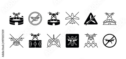 Set of black glyph and linear icons for drone prohibition rules, showing no-fly zones over stadiums, airports, and crowds, representing UAV flight restrictions and regulations