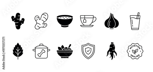Set of minimalist health and wellness icons representing natural remedies like ginger, garlic, ginseng, bone broth, herbal tea, and healthy nutrition for immune system support