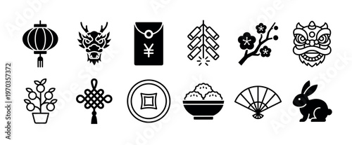 Collection of twelve black Lunar New Year icons representing Asian cultural traditions, including a dragon, lantern, lucky coin, red envelope, firecracker, and zodiac rabbit