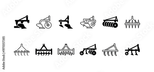 Agricultural equipment icons set showing various tillage machinery like plows, harrows, and cultivators in a simple black glyph and line art style for farming concepts