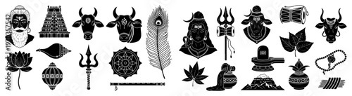 Hindu Religious Symbols and Deity Silhouettes Collection, Sacred Indian Icons featuring Shiva and Lotus