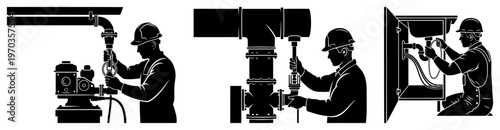 Professional Plumber Silhouettes Set, Repairmen Working on Water Pipes and Sink Maintenance Vector