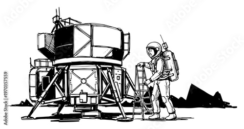 Astronaut Next to Spacecraft Lunar Module on Planet Surface Vector Illustration, Sci-Fi Moon Exploration Scene
