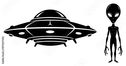 UFO Flying Saucer and Alien Silhouette Set, Extraterrestrial Life and Spaceship Vector Icons