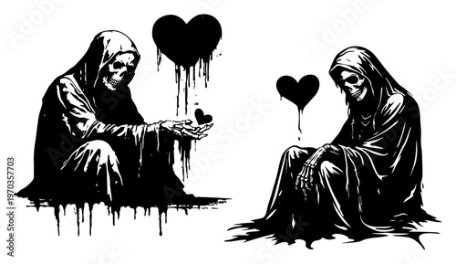 Melancholy Grim Reaper with Bleeding Heart Silhouettes, Dark Gothic Death Character Set for Emotional Concepts
