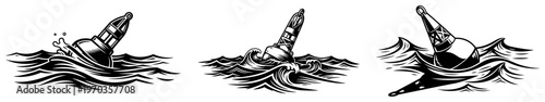 Nautical Buoy in Ocean Waves Illustration Set, Maritime Sea Navigation Markers Woodcut Style Vector