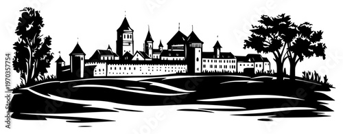 Medieval Castle Town Silhouette Landscape, Historic European Village with Fortified Walls and Trees Vector