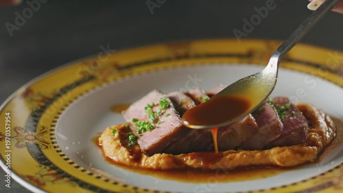 Wallpaper Mural Tender NY strip slices on sweet potato mash, garnished with chives and drizzled with demi glace sauce. Torontodigital.ca