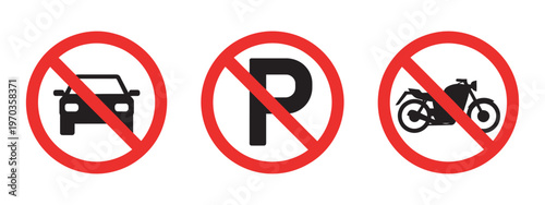 No Parking Sign Vector Illustration, featuring car and bike restriction icons, traffic safety, urban signage, regulatory and road symbols