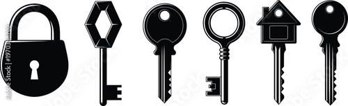 Lock and Key Icons Set with Padlock, Keys, and Key Shapes for Security, Access, and Protection Themes