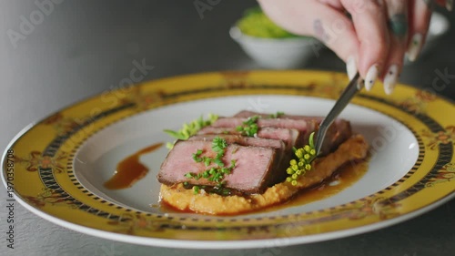 Wallpaper Mural Sliced NY strip steak with sweet potato mash, demi glace and herb garnish on a decorative plate. Torontodigital.ca