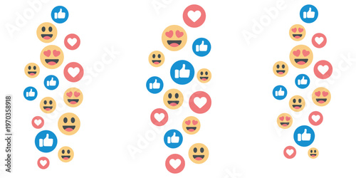 Love Like Emoji Vector, hearts stream doodle pattern, social media reaction icons, colorful internet background, celebration feedback, falling bubble comment, confetti sticker set