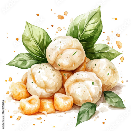 Gnocchi, semi-realistic fantasy artwork, realistic details with magical touch, watercolor painting, white background