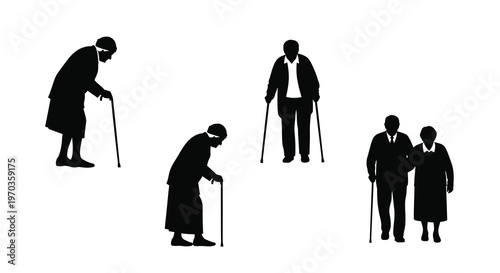 Elderly people walking with canes a stark black silhouette