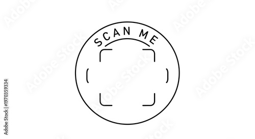 Circular graphic design with the words SCAN ME arched above a square frame, suggesting a QR code or scanning area