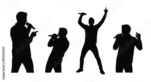 Four men singing with microphones captured in striking black silhouette