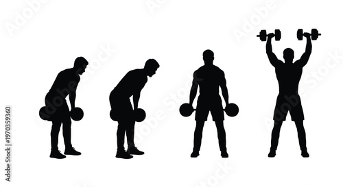 Man lifting weights in various poses a striking black silhouette