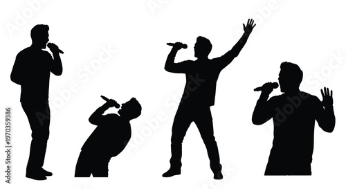 Four male singers performing with microphones a striking black silhouette