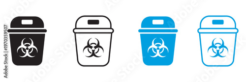 Sharps Container Icon Set, vector illustration, medical disposal symbols, needle and syringe icons, hazardous waste and healthcare safety elements, editable design