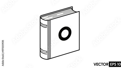 Isometric line art of a closed book with a black circle on its cover