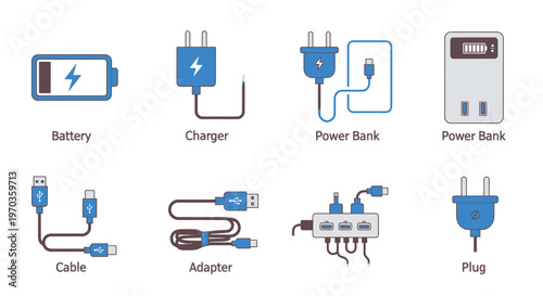 Set of electrical power devices and accessories illustrated on a white backdrop