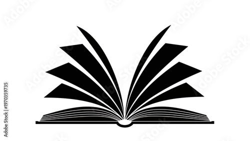 Open book with pages fanning out dramatically in a black silhouette