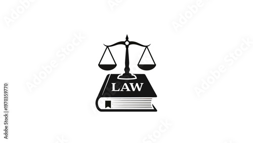 A silhouette of the scales of justice rests atop a thick book labeled "LAW