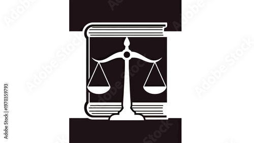 Icon of scales of justice superimposed over an open book