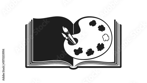An open book with a paint palette and brushes emerging from its pages