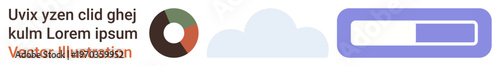 Data management, cloud services, progress tracking, analytics, technology systems, and digital tools. A pie chart, cloud icon and progress bar are displayed. Data management and cloud services
