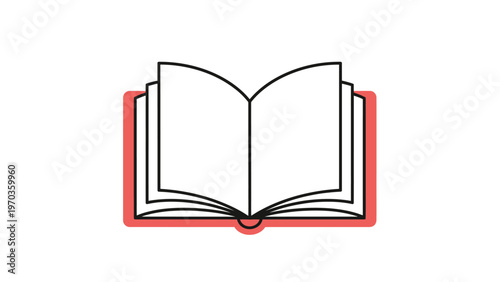 A minimalist illustration of an open book with red binding on a white background