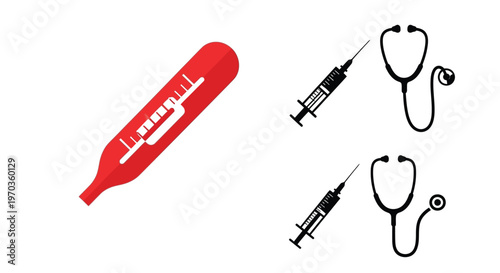 Medical instruments including thermometer syringe and stethoscope silhouette